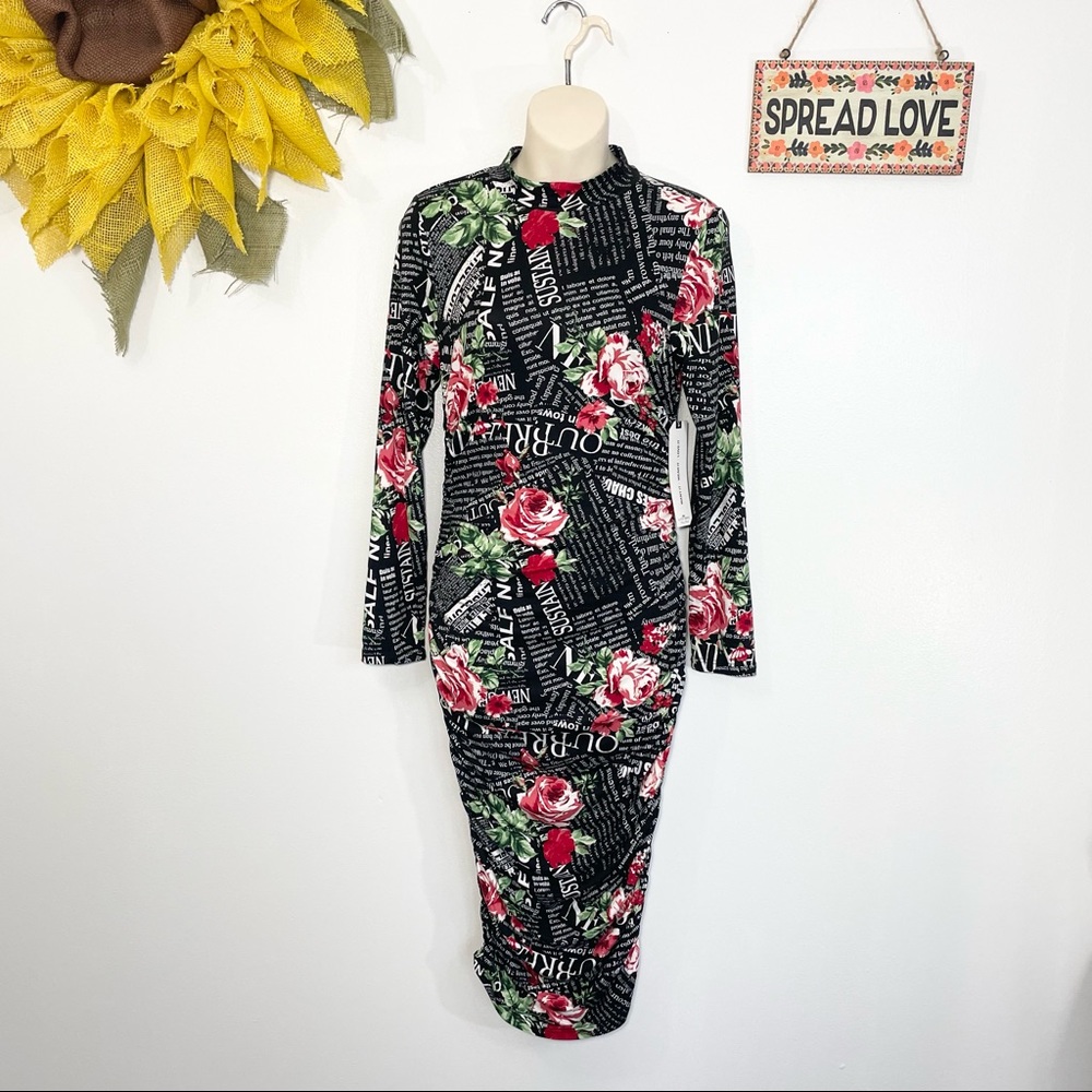 Long sleeve Rose graphic dress S, M  body con  midi